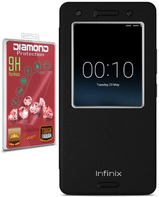 Diamond Window View Cover For Infinix Hot 5 X559c - Black + Diamond Glass Screen Protector