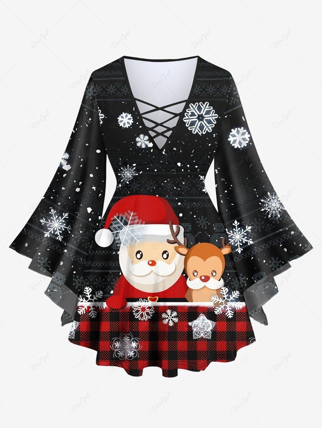 Plus Size Santa Claus Snowflake Elk Plaid Print Lattice Christmas Flare Sleeves Top - 6x