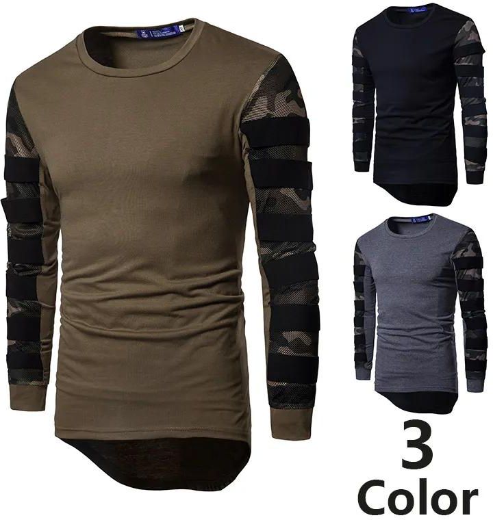 Men's Clothes T-shirts 3D live shooting new fashion camouflage mesh splicing European round neck slim fit men's long sleeve T-shirt