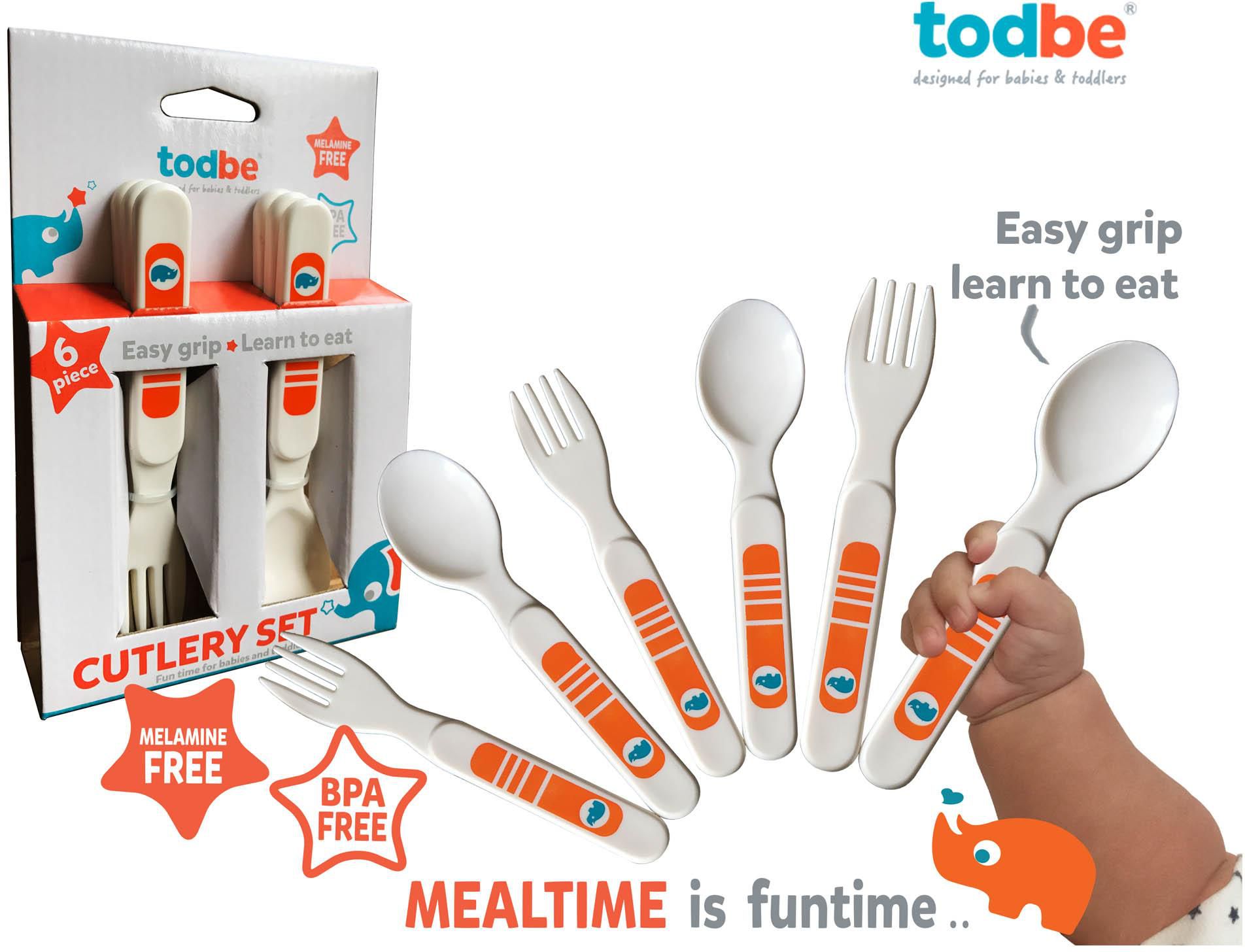 Todbe Baby Fork and Spoon - 6pc Set (Orange - White)