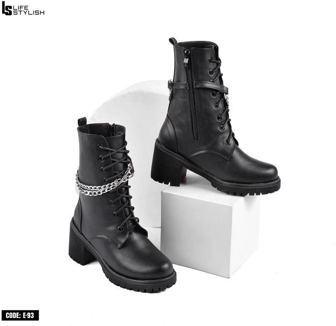 Lifestylesh Boot Mid Calf Mid Heel Leather E-93 - Black
