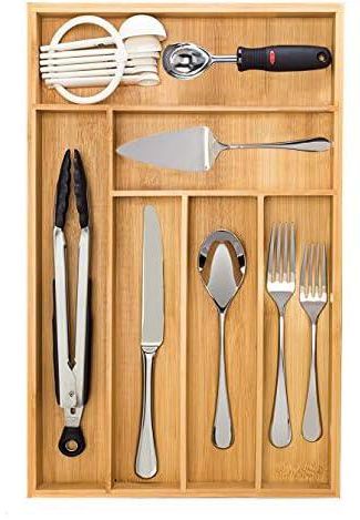 Silverware Drawer Organizer – Large Bamboo Kitchen Flatware Drawer Organizer Divider, Cutlery and Utensil Holder Tray with 6 Compartments – 43 x 30 x 4.8cm