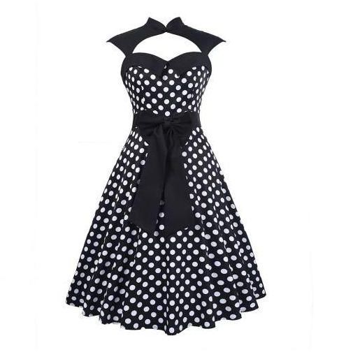 Fashion Vintage Polka Dot Woman Dress - Black