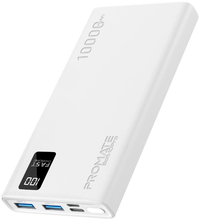 Promate Power Bank, Universal 10000mAh Ultra-Slim Portable Charger with 10W USB-C™ Input/Output Port, Dual USB Ports, LED Screen and Over-Heating Protection for iPhone 14, Galaxy S22, iPad Air, Bolt-10Pro.White