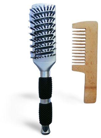 Hair Brush -Soft -Silver+Wooden Comb By Hand-Wide Teeth-Small Size