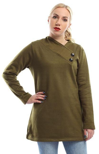 Kady Women Wide Collar Long Sleeves Tunic Top - Olive Green