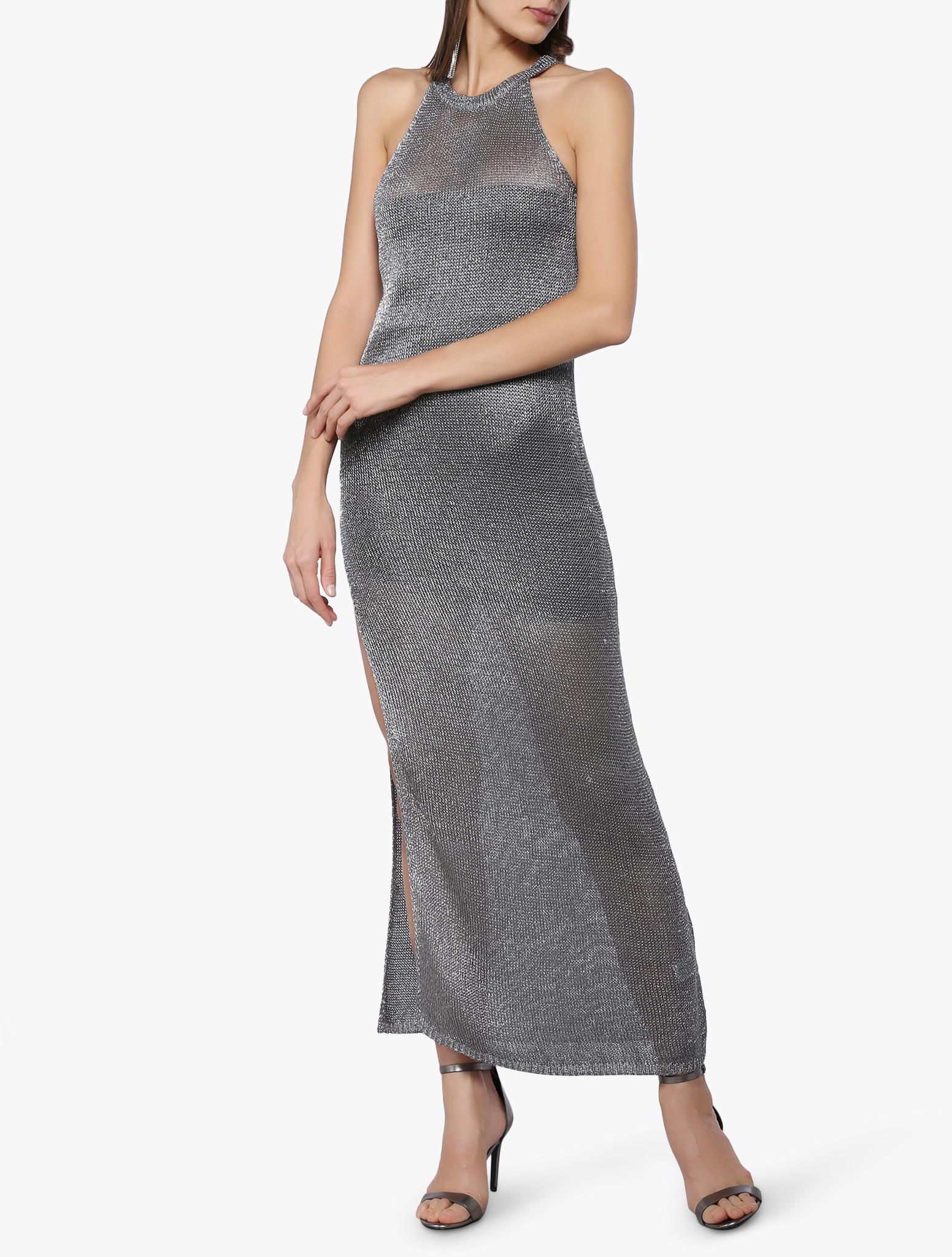 Silver Metallic Open-Knit Maxi Dress