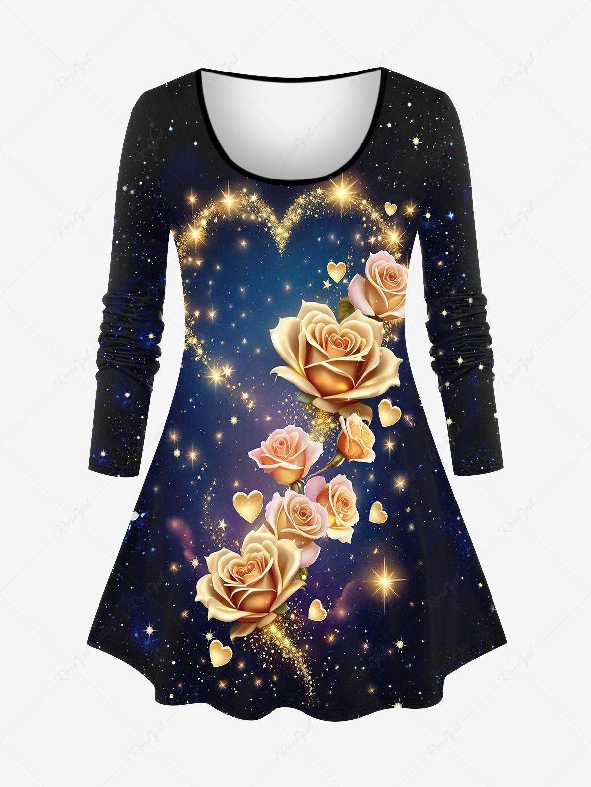 Plus Size Valentine's Day Galaxy Star Rose Flower Heart Glitter Sparkling Sequin 3D Print T-shirt - 6x