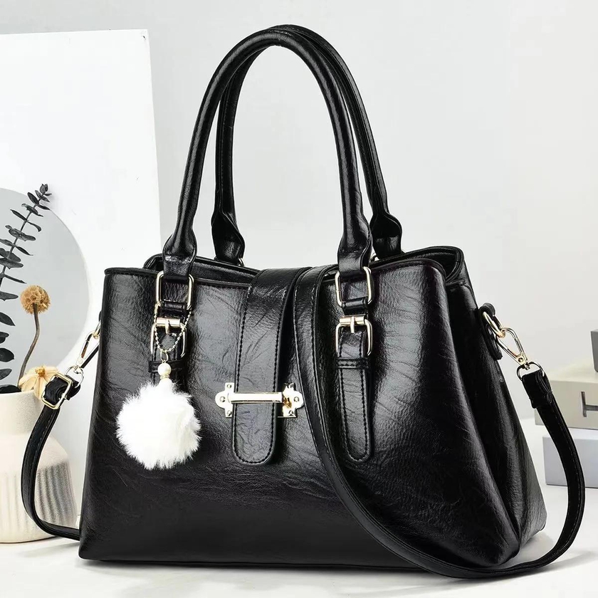 Black Official Ladies PU Leather Women Single Handbag with Fluffy Deco