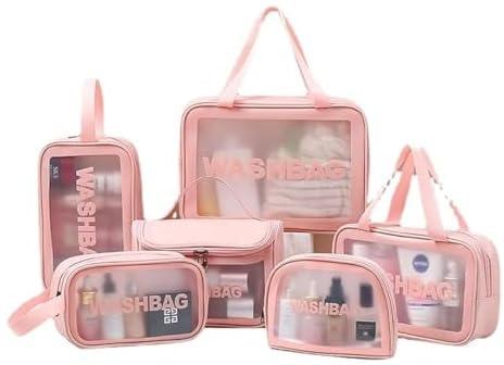 COOLBABY 6-piece Clear Makeup Bag Vinyl Air Travel Toiletry Bag Bulk Waterproof PVC Packaging Cube With Zipper Closure And Handle Ladies Baby Boy Makeup Brush Box Beach Pool Spa Fitness Bag (Pink)
