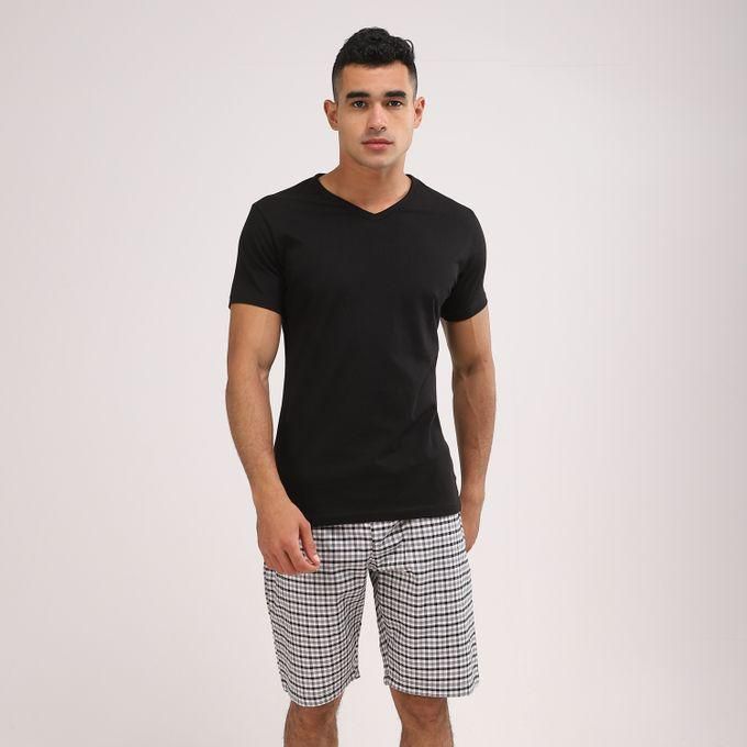Kady Side Pocket Cotton Pajama Short Set - Black & White