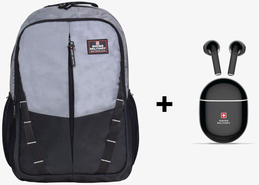 Swiss Military Patron Backpack - Black/Grey + Delta 2 True Wireless Earbuds ENC - Black (Bundle)