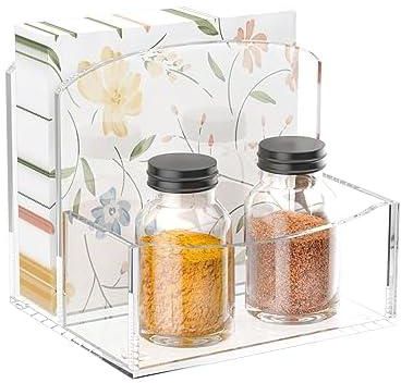 Npplus Acrylic Napkin Holder, Upright Clear Napkin Holders with Salt & Pepper Shakers Set Storage Holders and Napkin Caddy For Table, Kitchen, Office,Restaurant, 1 Pack