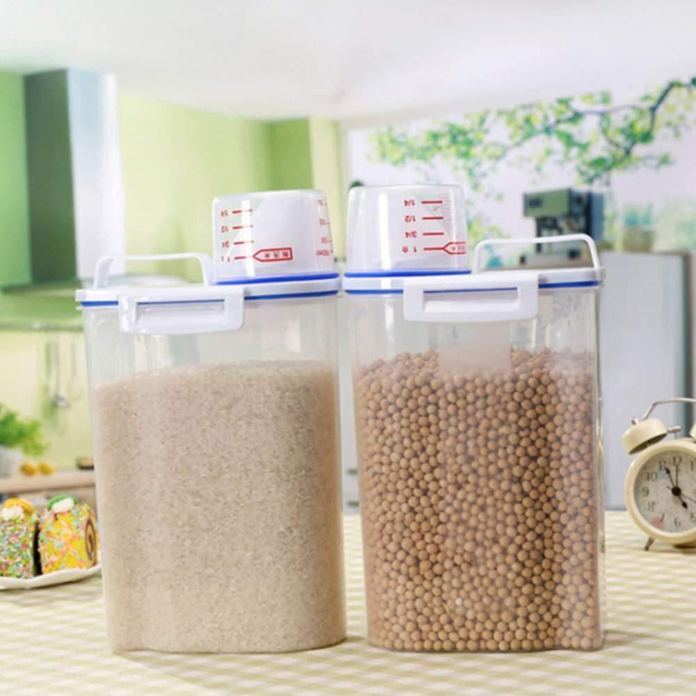 Generic 2Kg Plastic Cereal Dispenser Storage Box Kitchen Food Grain Rice Container, Clear Food Storage Box With Measuring Cup,Great For Flour, Sugar, Rice &amp; More