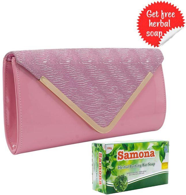 Textured & Shiny Leather Clutch Bag/Purse With Chain Strap (Pink & Gold) + FREE Bathing Samona Herbal Soap