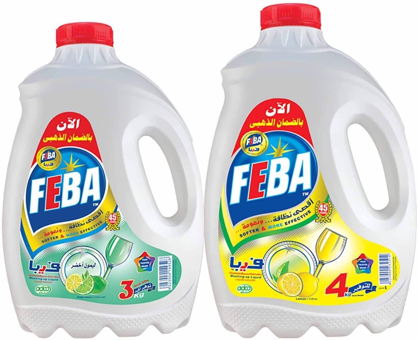 Feba Dishwashing Liquid, Lemon, 4 kg + Dishwashing Liquid, Green Lemon - 3 kg