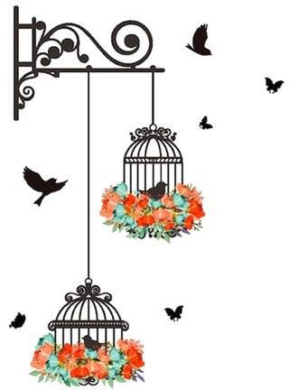 Bird Cage And Floral Pattern Wall Sticker Multicolour 70 x 25centimeter