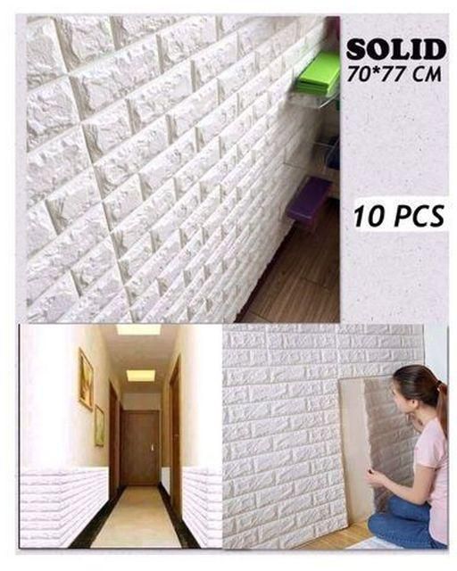 3D Self Adhesive Brick Pattern Wall Paper - 10 Pcs - White
