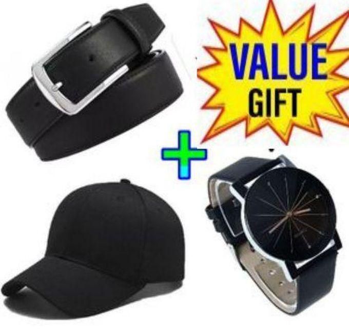 Coordinate Your Look from Head to Toe with this Men's Timekeeping Set: Baseball Cap, Matching Leather Belt, and Stylish Watch