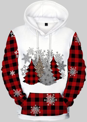 Plus Size Christmas Tree Snowflakes Plaid Flocking Lined Front Pocket Pullover Hoodie - 5xl