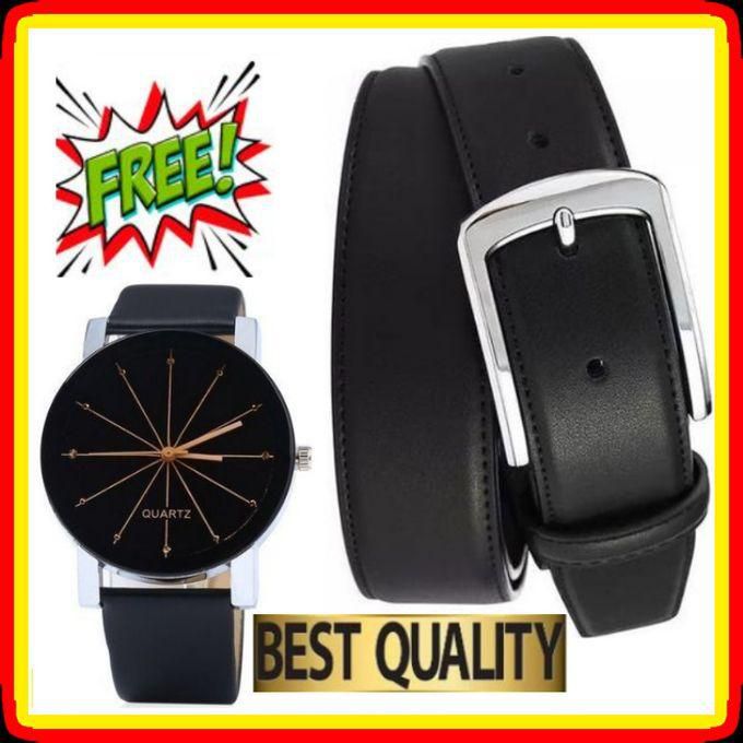 Fashion Black Pure Leather Mens Belt Plus Free Wrist Classic Watch