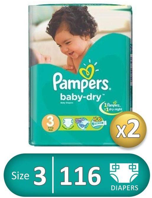 Pampers Midi Baby Dry Diapers - Size 3 - 2 Packs - 116 Pcs