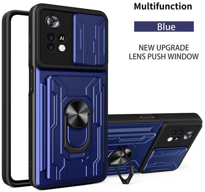 جراب شيلد لحماية متكاملة من الصدمات مع غطاء كاميرا متحرك ودبلة وحافظة كازت شاومي ريدمي نوت 11 برو بلس فايف جي (Redmi Note 11 Pro+ 5G Cover)- أزرق