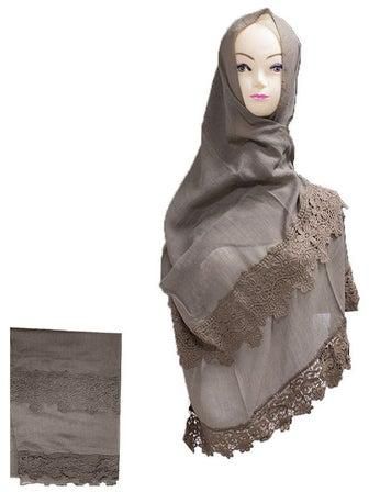 Floral Embroidered Lace Detail Hijab Brown