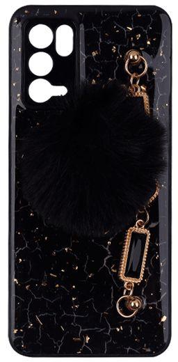 Oppo A16 / A55 - Silicone Cover Printed Back,golden & Crystal Chain,fluffy medal