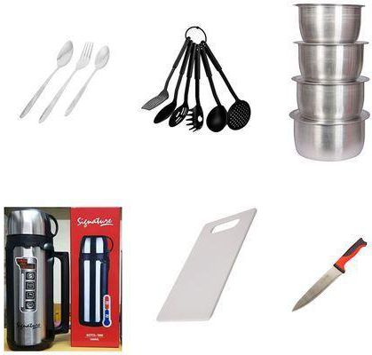 Generic Kitchen Bundle : 12 Table spoons +12 Forks + 4 Sufurias +6 Nonstick serving Spoons +1 Stainless steel Flask +1 Chopping board +1 Knife