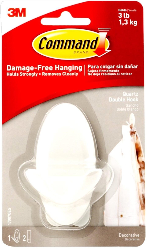 Command 17087QES Quartz Double Hook, Holds 1.3 Kg. each hook, white color. 1 hook and 2 strips/pack