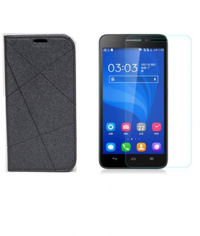 Generic Flip Cover for Huawei G750 - Black + Tempered Glass Screen Protector