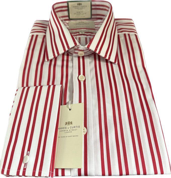 Hawes & Curtis Men's Formal Red & White Stripe Slim Fit Shirt - Double Cuff