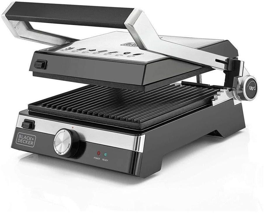 BLACK+DECKER 2000W Family Health Grill 1500 cm² Double Grilling Non-Stick, 180° Full Flat Grill, Temperature Control 5 Adjustable Heights+Die Cast Aluminium Plates CG2000-B5 2 Years Warranty